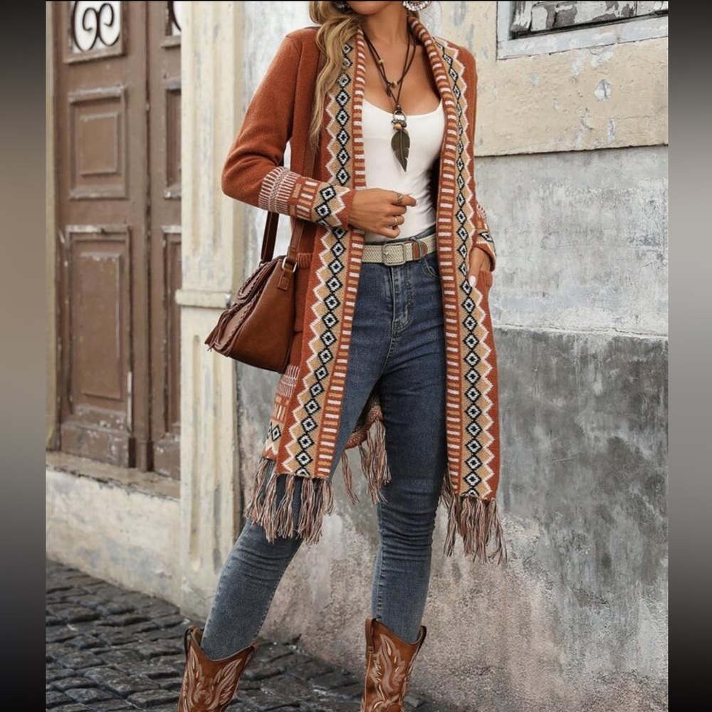 Bohemian Fringe Front Pocket Long Open Knit Cardigan Sweater - Picture 3 of 6